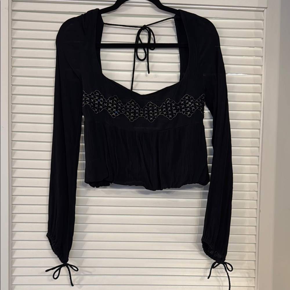 Free People Black Square Neck Long Sleeve Cropped Blouse